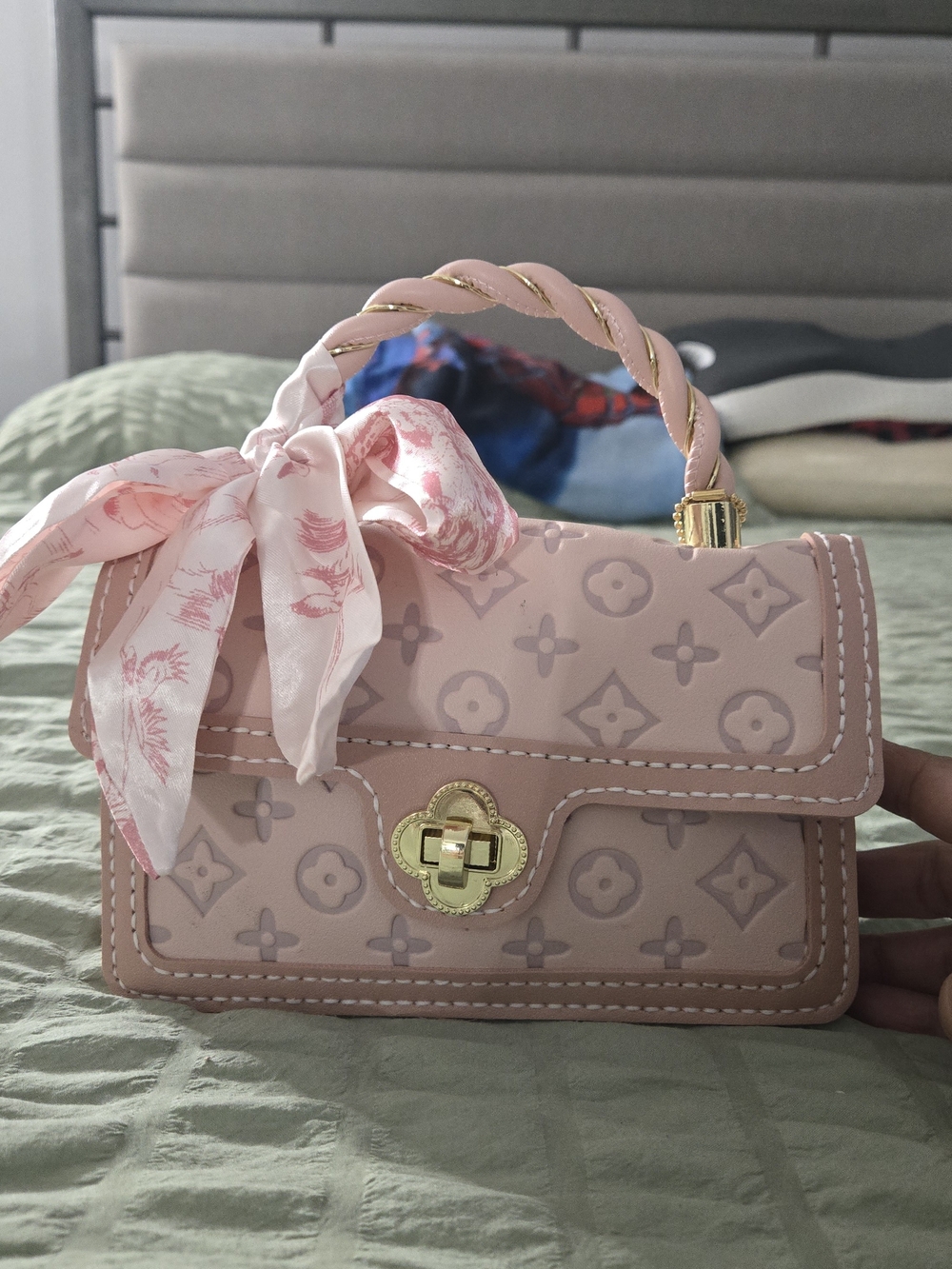 Pink Top-Handle Satchel Handbag with Floral Scarf